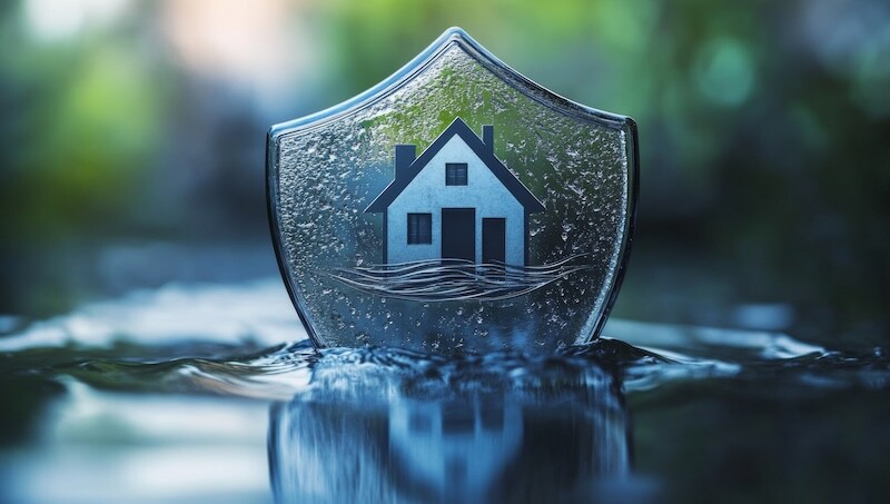 Protective shield over a house, symbolizing home insurance or flood protection, on water
