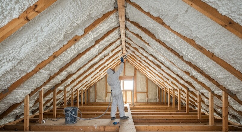 Energy efficient home improvement, spray foam insulation, attic renovation, thermal barrier, professional insulation application