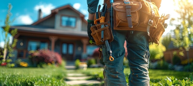 Home service technician with a tool belt in front of a house