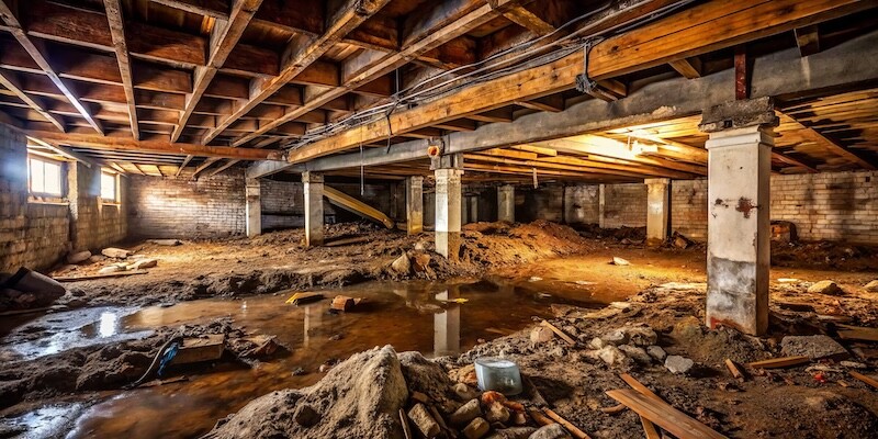 Dusty cobwebs cling to ancient wooden beams, illuminated by the faint glow of a distant light, in the eerie silence of an old house's forgotten crawlspace.