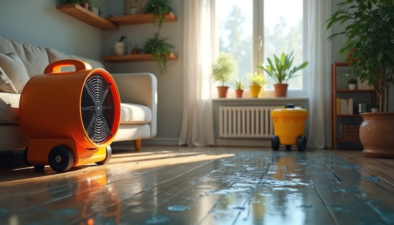 Living room floor has water damage. Orange industrial fan helps dry wet wooden floor. Yellow drying machine and cleanup equipment are used for, home emergency repair after household flood accident.