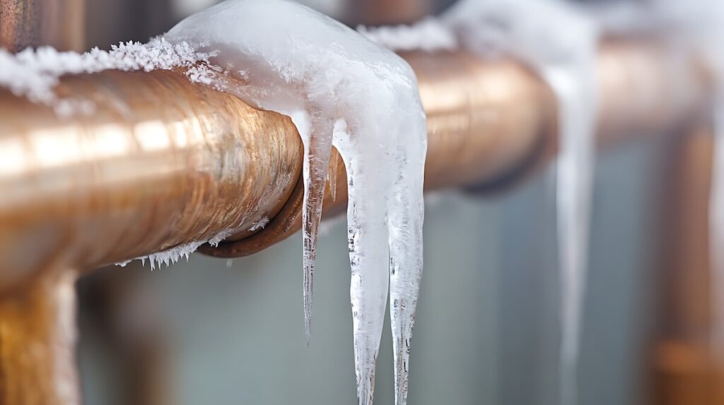 Close up of frozen pipes with icicles, it depicts the winter weather and icy temperatures, pipes can freeze in the winter if they are exposed to cold temperatures, which is a common problem.