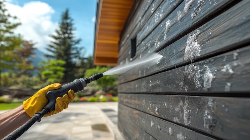 A man using high pressure wand to clean siding of house, showcasing effective cleaning techniques in sunny outdoor setting. scene captures beauty of nature and home maintenance
