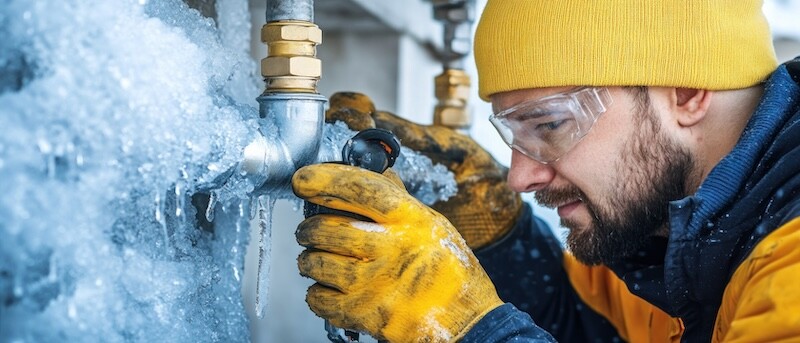 A worker wearing gloves and safety glasses is inspecting frozen pipes outdoors during winter. The scene is captured in cool tones with a focus on the icy texture and the metallic parts. This image is suitable for various commercial or editorial uses, illustrating themes of repair, maintenance, or winter conditions.
