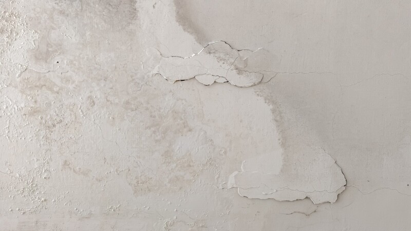 This image shows a damaged interior wall with peeling paint and water stains. The wall's surface is textured and cracked, indicating deterioration and potential structural issues requiring repair or