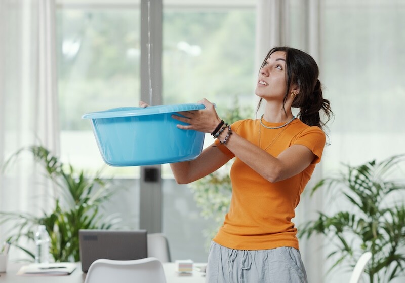 Young upset woman collecting water leaking and dripping from the ceiling