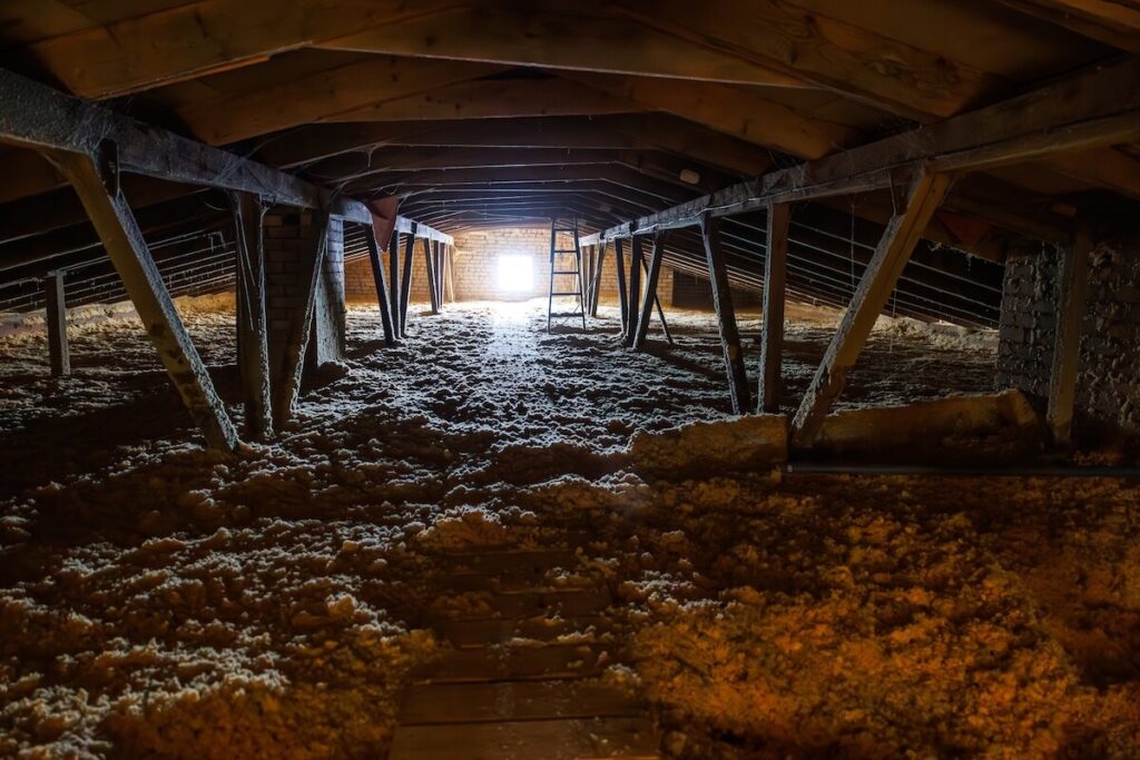 Empty attic crawlspace with blown in fiberglass insulation, wooden rafters, brick pillars, and a plank walkway to a square window. Daylight streams in and casts long shadows.