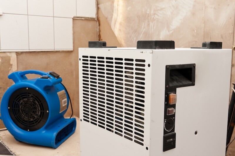 Elimination of water damage with fan and dryer
