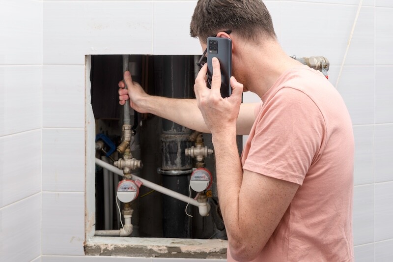 Man calls emergency plumber beside open utility hatch, hand on pipe near water meters, reports leak in apartment bathroom.