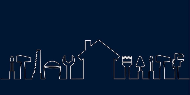 Professional handyman services. Vector banner template with tools collection and text space. Set of repair tools on dark blue background for your design. EPS10.