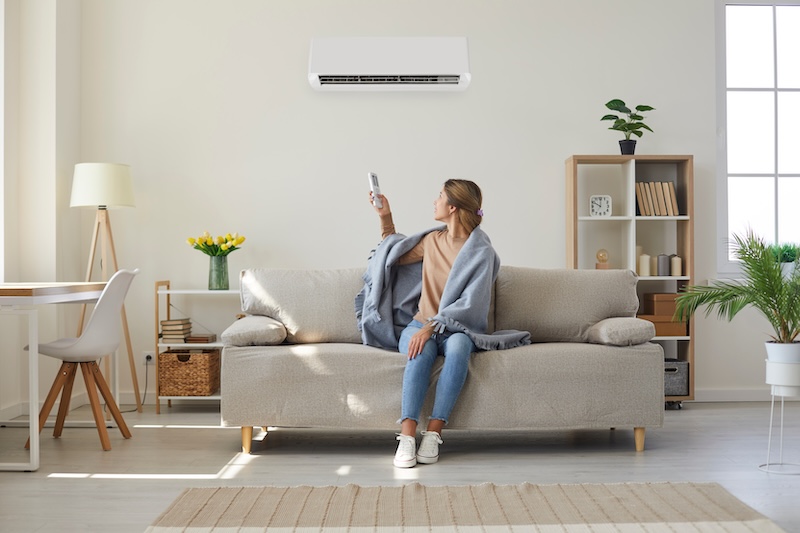 Woman who's sitting on sofa under warm plaid in living room switches off her air conditioner on wall. Young girl adjusting modern AC system, regulating temperature and enjoying cool fresh air at home SSUCv3H4sIAAAAAAAACjxQy07DMBD8FvacIjdp0zpHDiDElRMUoY2zTUxdO/KjqKr676xN4eYdz2NnL9Bj0Aq6C2hjUogeo3YWOlGBJzuQL8+Tb1pRXjTo6LxGU6Yeo5osHgk6m4y5VhAixhQosCNPCiONTC/zX9T7JePQwbON5LXzAViXekYek7c6Jk9wrf5Yr8QRzrjx/E+D60cFOJJV55zDQZ4MYYl956/DNxsfbztgGrTL8Sen0DDYMDh7rbQdfxkuTrknB7pko2dPWDaS04xzM/aG2+1ZSRVMGAJzhhuQG/LN3PHXx7qYNwBWDly82NSb7Wq7btZ1vVyvhBC5QznRpFmYs7KSn+qgh9vGmv0Bpdgq2cpF0wi5WK36drFdy3YhZb+RVAulNnnFNBuHQ8wFWbl3/liO5jHwCUoFLj1jnBh863a7uxc6P6Q9+d3uSXuzrAPZ+LkR7bK5/5pHuP4AAAD//wMAGOxJ7RICAAA=