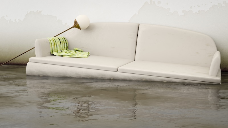 An interior water damage white sofa. 3d illustration
