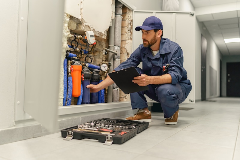 Handyman checks pipes in water supply system before repairing and makes notes in clipboard