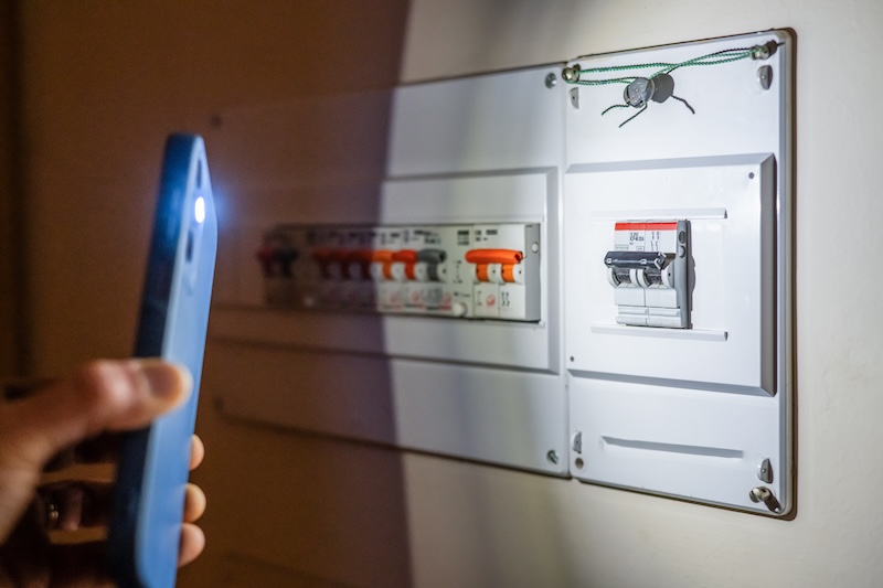 Person holding smartphone flashlight to illuminate a tripped electrical fuse box during a home power outage, highlighting emergency troubleshooting and domestic electrical issues