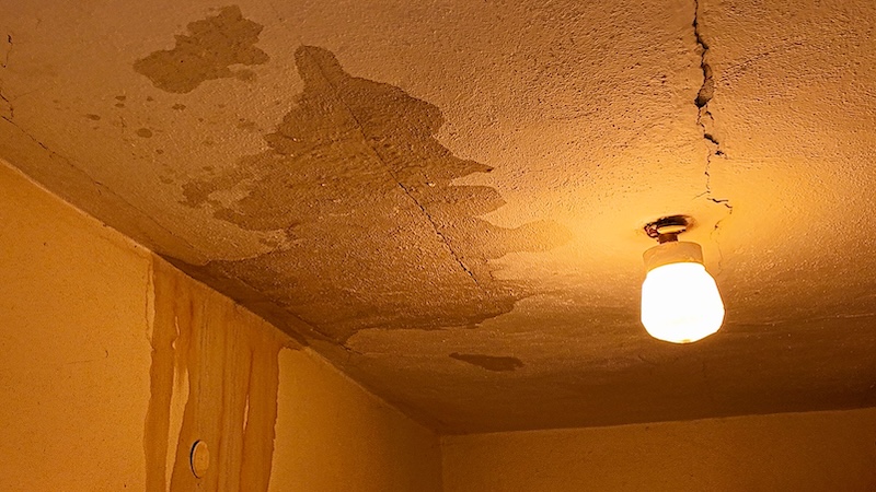 Damaged ceiling with water stains and cracks, illuminated by a single light bulb. A close-up view of a neglected ceiling showing significant water damage, mold growth, and structural cracks, with a bare light bulb providing dim illumination.