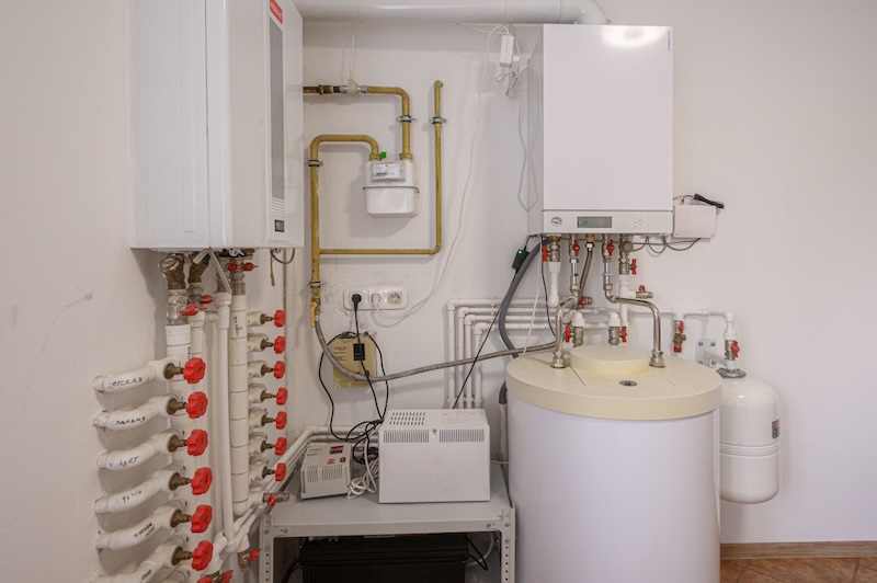 compact utility room features a wall‑mounted gas boiler, a large indirect water heater, an expansion tank, a manifold with red valves, and a gas meter with brass piping