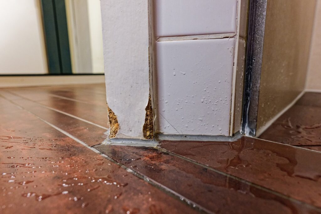 Closeup of water damage at wall corner with swollen wood and damp floor. Symbol for moisture problems, structural decay, repair, insurance claim, and renovation needs. (c)Holger Iggena holgers.pictures